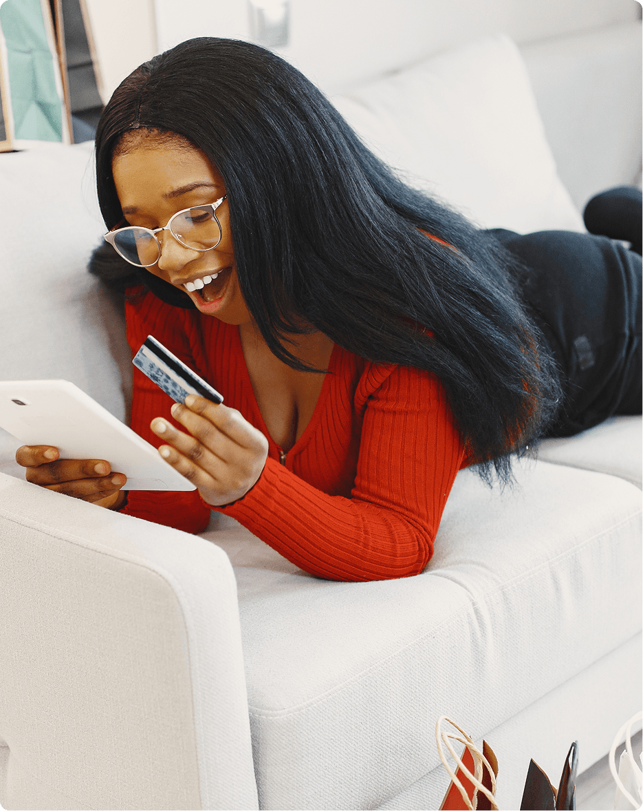 Woman happily browsing on her phone